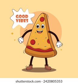 Pizza cartoon characters groovy hippie retro style