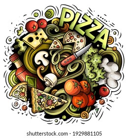 Pizza cartoon doodle illustration. Funny creative vector background. Pizzeria elements and objects. Colorful composition