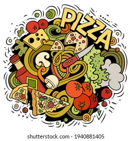 Pizza cartoon doodle illustration. Funny creative vector background. Pizzeria elements and objects. Colorful composition