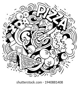 Pizza cartoon doodle illustration. Funny creative vector background. Pizzeria elements and objects. Sketchy composition