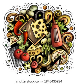 Pizza cartoon doodle illustration. Funny creative vector background. Pizzeria elements and objects. Colorful composition