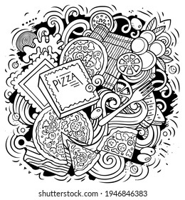 Pizza cartoon doodle illustration. Funny creative vector background. Pizzeria elements and objects. Sketchy composition