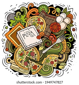 Pizza cartoon doodle illustration. Funny creative vector background. Pizzeria elements and objects. Colorful composition