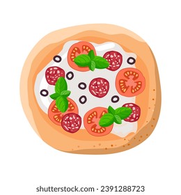 Pizza cartoon flat vector illustration. Traditional italian dish. Pastry food with tomato, sausage, mozzarella, basil, olive for cafe menu. Tasty Italian pizza. Colorful Restaurant Isolated Nutrition.