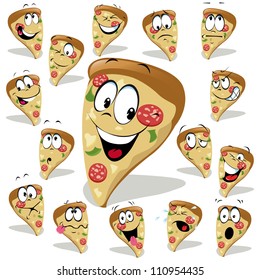 pizza cartoon illustration with many expressions