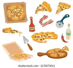 Pizza cartoon set. Fast food. Italian pizzas with greens, pepper, tomato, olive, cheese, mushroom, ketchup stain. Pizza pieces and ingredients. Vector cartoon illustration