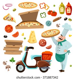  Pizza Cartoon Set With Vegetables Cheese And Mushrooms Isolated Vector Illustration 