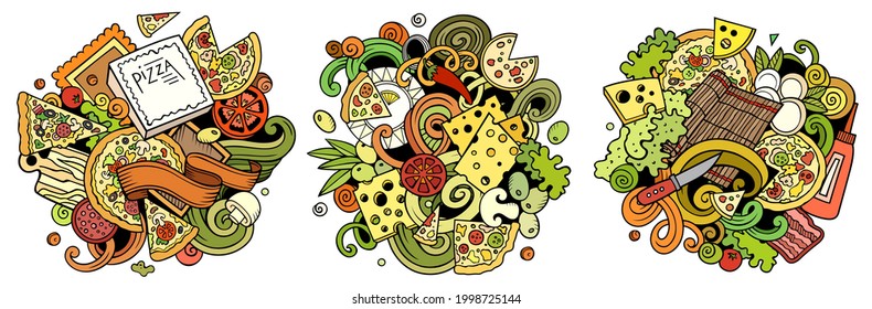 Pizza cartoon vector doodle designs set. Colorful detailed compositions with lot of pizzeria objects and symbols. Isolated on white illustrations