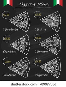 Pizza chalk board menu. Vintage blackboard with drawing pizza slices for italian pizzeria restaurant, vector illustration
