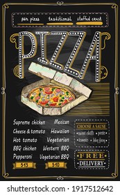 Pizzenkreidemenü mit Pizza in Papierbox, handgezeichnet, Vektordesign