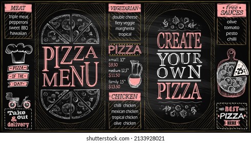 Pizza chalk menu set template, create your own pizza, pizza of the day, discounts, delivery