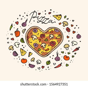 Pizza Chalkboard doodle hand drawn print. Love Heart shape and lettering pizza vector illustration