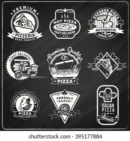 Pizza chalkboard emblems set with classic baked pizza symbols flat isolated vector illustration 