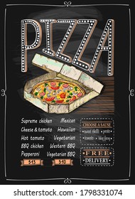 Pizza chalkboard menu with pizza in delivery box illustration, hand drawn lettering