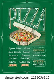 Menú de pizarra con pizza en la ilustración de la caja de reparto, con letras dibujadas a mano