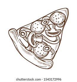 Pizza with champagne mushrooms and salami sausage isolated sketch vector. Italian cuisine triangle cut with olives and sauce, cheese and meat product, cooking. Fast food meal, delivery service