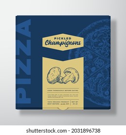 Pizza with Champignon Mushrooms Realistic Cardboard Box Mockup. Abstract Vector Packaging Design or Label. Modern Typography, Sketch Food and Color Paper Background Layout. Isolated.