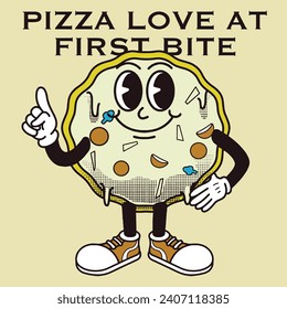 Pizza Character Design mit Slogan Pizza-Liebe auf Anhieb