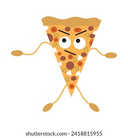 Pizza character with a displeased expression spreads his hands to the sides