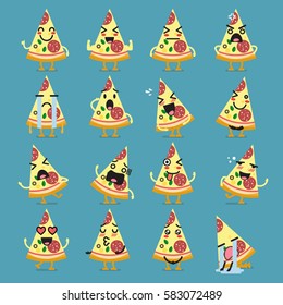 Pizza character emoji set. Funny cartoon emoticons