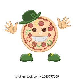 Pizza character face in a green top hat with clover hands and shoes on a white isolated background. Vector image eps 10