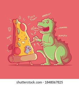 Pizza character fighting monster vector illustration. Food, action, monsters design concept