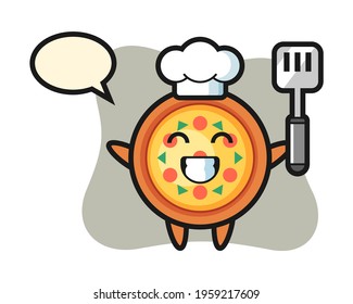 Pizza character illustration as a chef is cooking, cute style design for t shirt, sticker, logo element