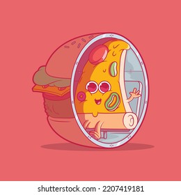 Pizza character inside a burger vector illustration. Food, funny design concept.