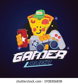 Pizzafigur mit Joystick und Limonade. Logo von Junk Food und Gamer