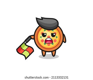 pizza character as line judge hold the flag down at a 45 degree angle , cute style design for t shirt, sticker, logo element