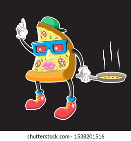 Pizza the character points his finger up and holds a pizza pan on a black isolated background. Vector image eps 10