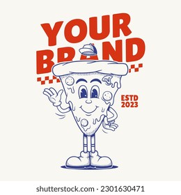 Carácter pizza, personaje mascota retro, logotipo vintage