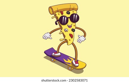 Pizza Character riding a Skateboard, Cartoon Pizza Character, Cartoon Style Character