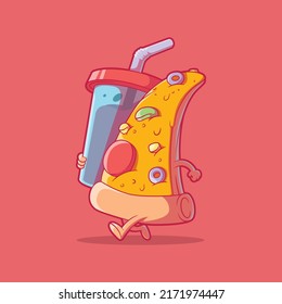 Pizza character running holding a cup vector illustration. Food, funny, brand design concept.