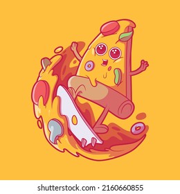 Pizza character surfing on a board vector illustration. Food, funny, brand design concept.