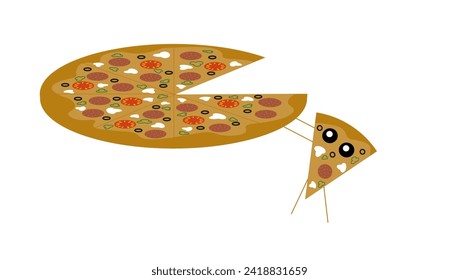 Pizza character is surprised by the fall and holds on to the edge