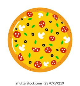 Carácter pizza. Caricatura dibujada a mano del vector icono de ilustración del personaje kawaii. Aislado sobre fondo blanco. Concepto de personaje de Happy Pizza