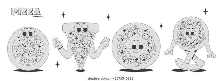 Pizza characters delivery set in trendy retro groovy style. Funky and psychedelic fast food mascot. Cool vector stickers for Italian cafe, bar, restaurant in black monochrome palette 