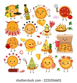 Pizza characters funny elements for pizzeria set, vector illustration. Delicious dinner with tasty pepperoni snack in box.