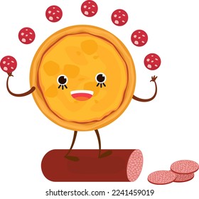 Pizza characters mascot funny elements for pizzeria vector illustration. Delicious dinner with tasty pepperoni snack in box.