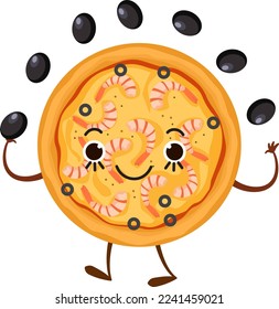 Pizza characters mascot funny elements for pizzeria vector illustration. Delicious dinner with tasty pepperoni snack in box.