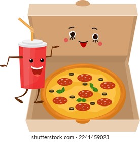 Pizza characters mascot funny elements for pizzeria vector illustration. Delicious dinner with tasty pepperoni snack in box.