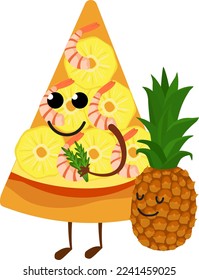 Pizza characters mascot funny elements for pizzeria vector illustration. Delicious dinner with tasty pepperoni snack in box.