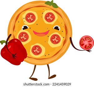 Pizza characters mascot funny elements for pizzeria vector illustration. Delicious dinner with tasty pepperoni snack in box.