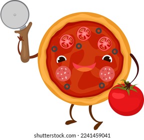 Pizza characters mascot funny elements for pizzeria vector illustration. Delicious dinner with tasty pepperoni snack in box.