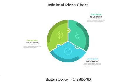 Gráfico de pizza dividido en 3 piezas o sectores de rompecabezas coloridos. Concepto de tres partes del proyecto de inicio. Plantilla de diseño gráfico simple. Ilustración vectorial plana para análisis de negocios.