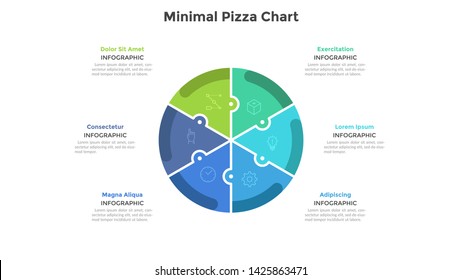 Pizza chart divided into 6 colorful jigsaw puzzle pieces or sectors. Concept of six parts of startup project. Simple infographic design template. Flat vector illustration for business analytics.