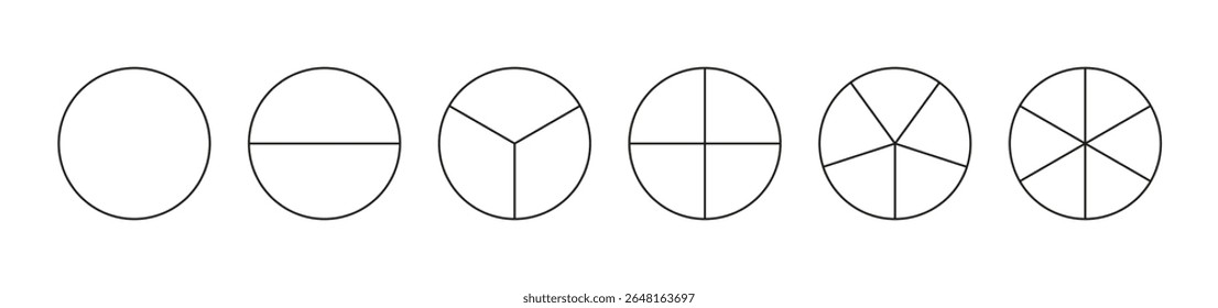 Pizza charts collection. Pie chart template from 1 to 6. Diagram wheel parts. Set of segmented round charts.
