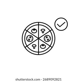 Pizza und Häkchen. Geprüfte Mahlzeit, sichere Lieferung, genehmigte Bestellung. Pixel perfekt, bearbeitbares Strichvektorsymbol
