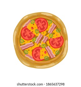 Pizza mit Käse, Speck und Tomaten. Draufsicht. Italienisches Essen-Design. Vektorgrafik.